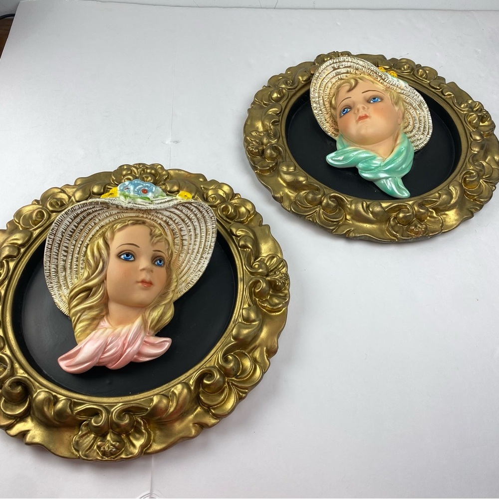Pair of 60s Chalk Ware Oval Plaques 3D Ladies by Michigan Composition Lamp Co.